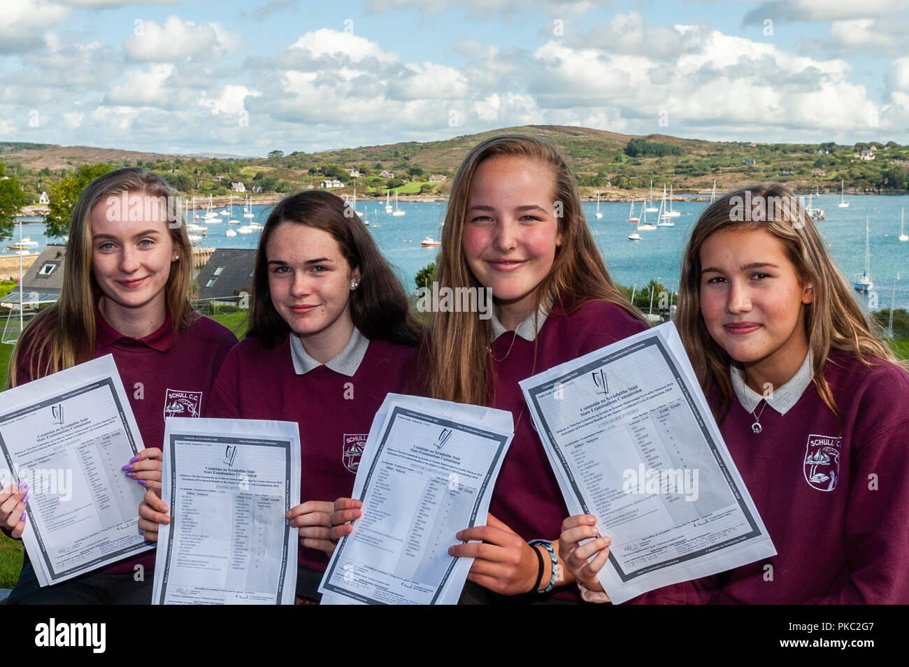 Schull, West Cork, Ireland. 12th Sept, 2018.  Over 62,500 students received their Junior Cert results today. Pictured with their results are Jessica Murphy, Joanne Notter, Hesta McCarthy Fisher and Lynn Pyburn. Credit: Andy Gibson/Alamy Live News. Stock Photo