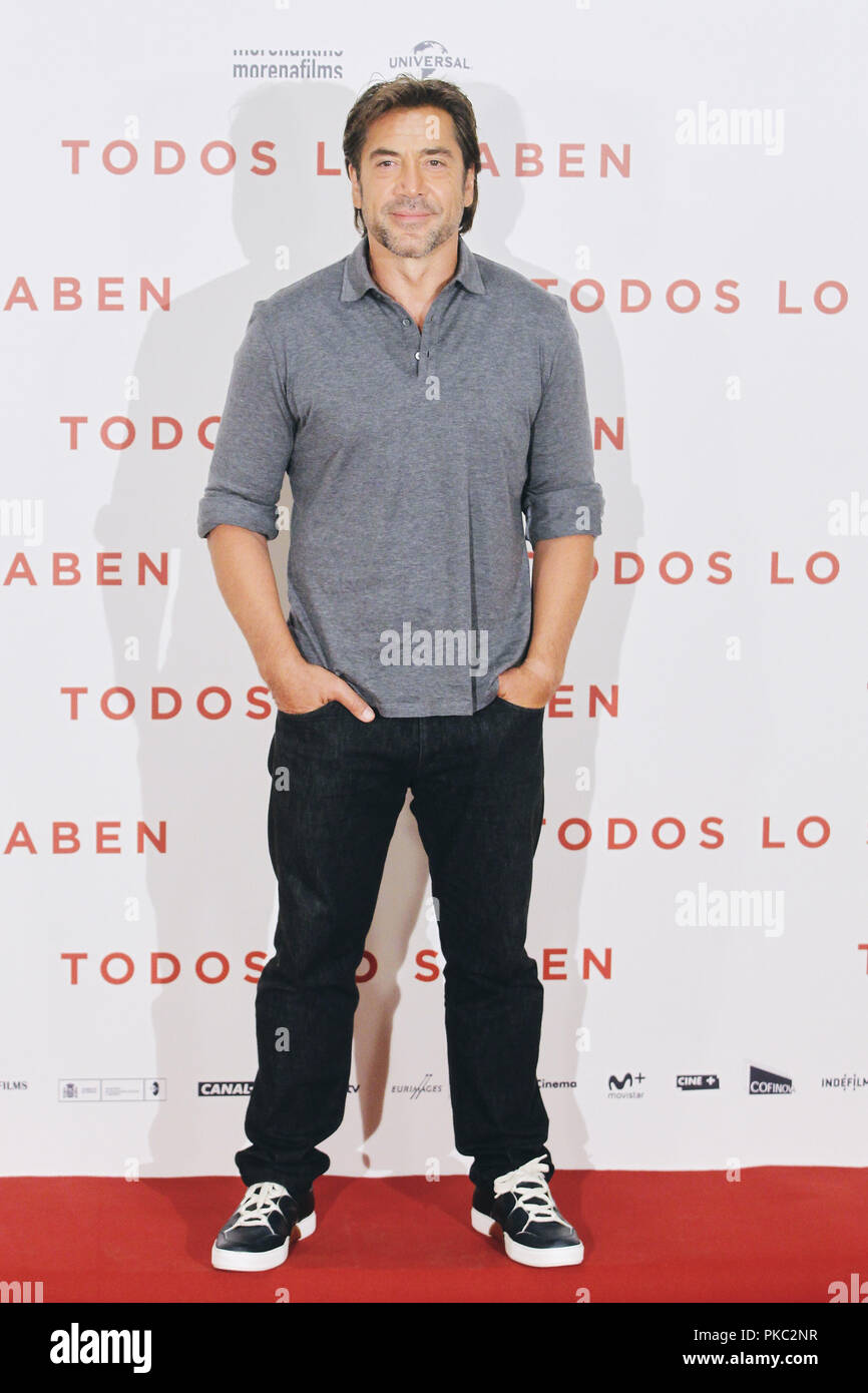 September 12, 2018 - Madrid, Madrid, Spain - Javier Bardem attend 'Todos Lo Saben' photocall at Urso Hotel on September 12, 2018 in Madrid, Spain. (Credit Image: © Jack Abuin/ZUMA Wire) Stock Photo