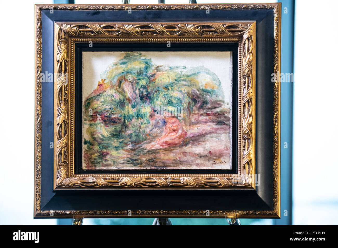 New York, USA,  12 September 2018. The painting 'Deux Femmes Dans Un Jardin' by French impressionist Pierre-Auguste Renoir is exhibited during a ceremony to return the painting, stolen by the Nazis in World War II from the Sulitzer's family in Paris, at the Jewish Heritage Museum in New York City.  Credit: Enrique Shore Credit: Enrique Shore/Alamy Live News Stock Photo