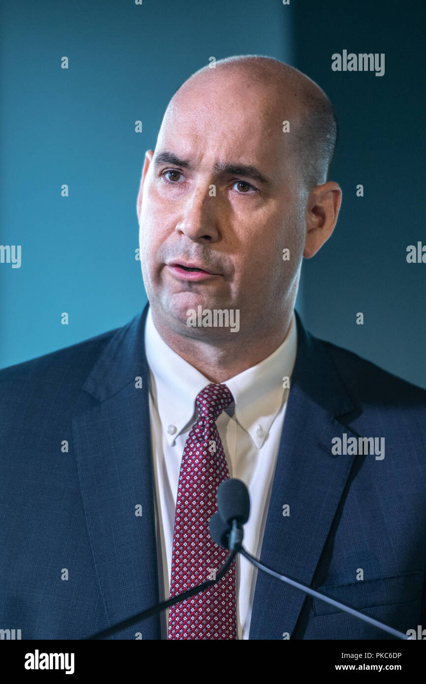 New York, USA,  12 September 2018. FBI Assistant Director-in-Charge William F. Sweeney speaks during a ceremony to return the painting 'Deux Femmes Dans Un Jardin' by French impressionist Pierre-Auguste Renoir , stolen by the Nazis in World War II from the Sulitzer's family, at the Jewish Heritage Museum in New York City. Credit: Enrique Shore Credit: Enrique Shore/Alamy Live News Stock Photo