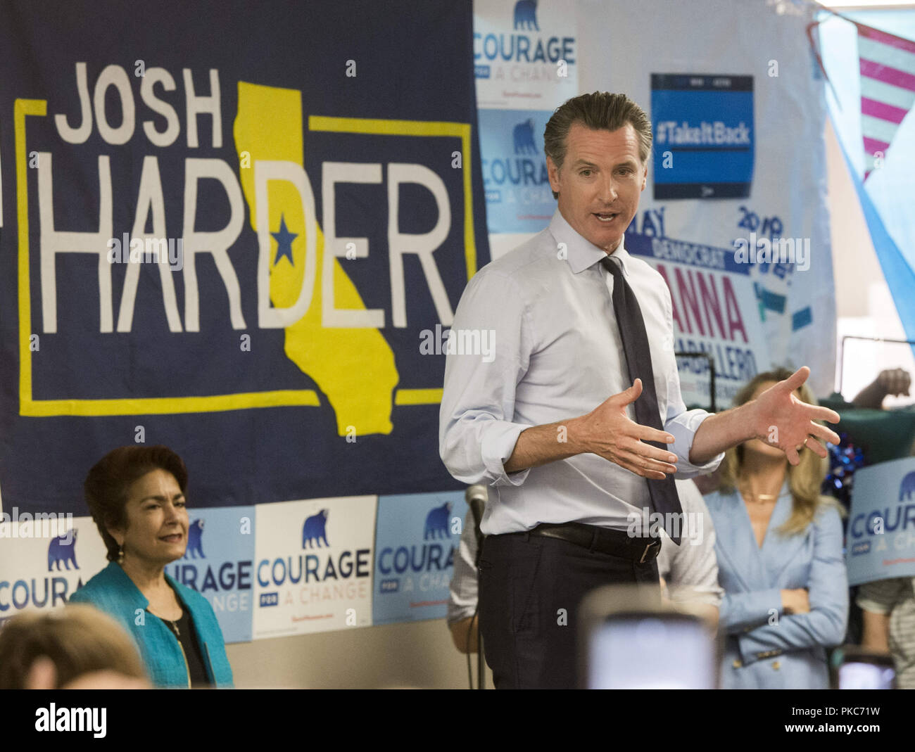 Modesto, California, U.S.A. 12th Sep, 2018. Gavin Newsom made a stop in Modesto California to campaign with Josh Harder who is running for Congress, California District 10. Josh Harden along with Asm. Anna Caballero gathered for a rally at Harden's campaign office Wednesday September 12, 2018. Credit: Marty Bicek/ZUMA Wire/Alamy Live News Stock Photo