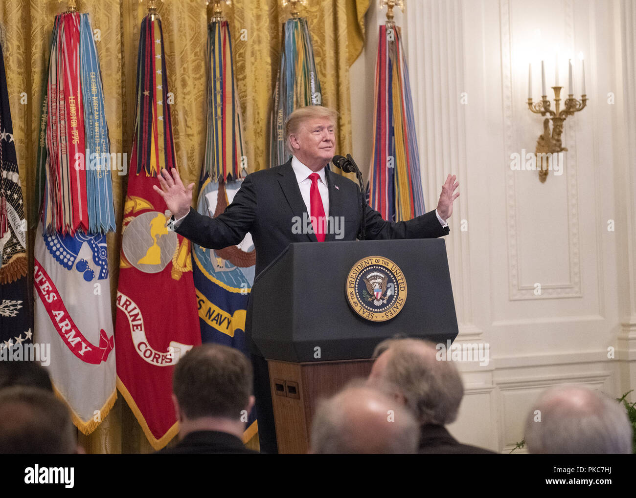 Washington, District of Columbia, USA. 12th Sep, 2018. United States President Donald J. Trump makes remarks at the Congressional Medal of Honor Society Reception in the East Room of the White House in Washington, DC on Wednesday, September 12, 2018 Credit: Ron Sachs/CNP/ZUMA Wire/Alamy Live News Stock Photo