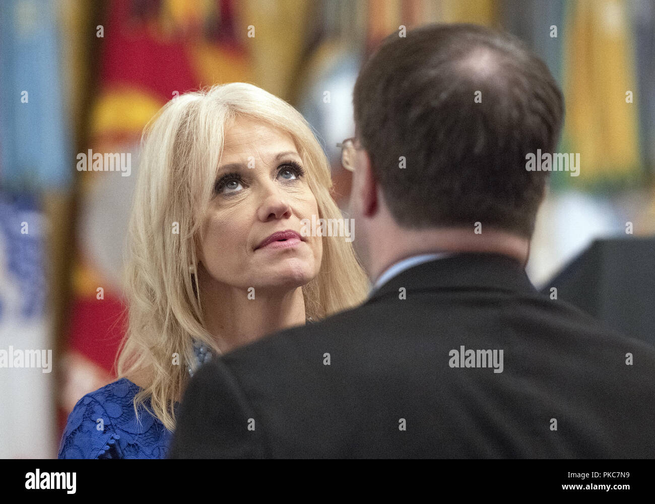 Washington, District of Columbia, USA. 12th Sep, 2018. Counselor to the President Kellyanne Conway, left, in conversation with United States Secretary of Veterans Affairs Robert Wilkie prior to the arrival of US President Donald J. Trump who will make remarks at the Congressional Medal of Honor Society Reception in the East Room of the White House in Washington, DC on Wednesday, September 12, 2018 Credit: Ron Sachs/CNP/ZUMA Wire/Alamy Live News Stock Photo