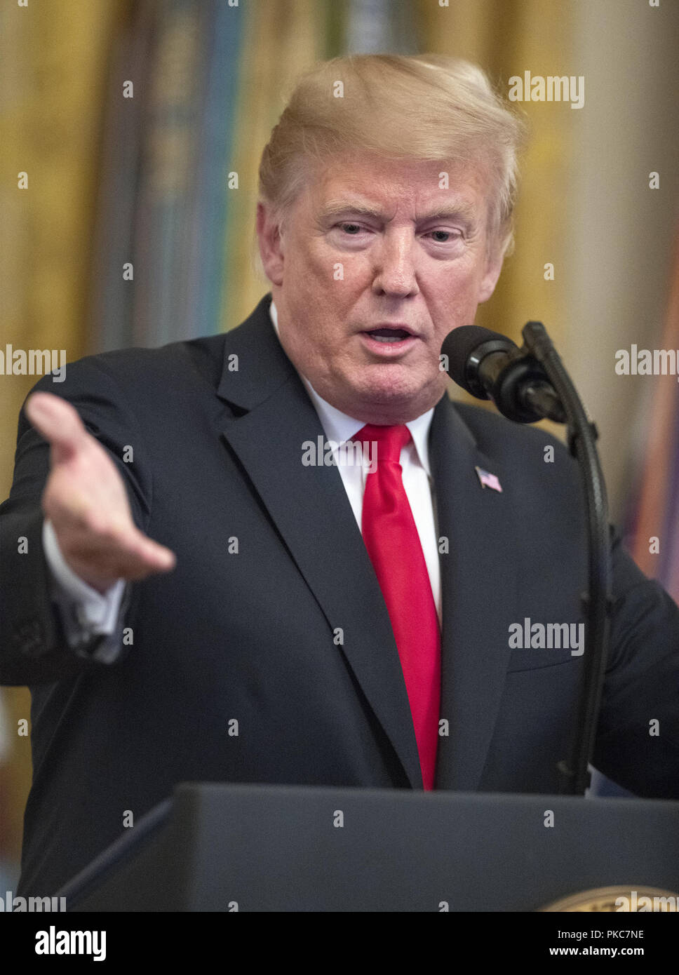 Washington, District of Columbia, USA. 12th Sep, 2018. United States President Donald J. Trump makes remarks at the Congressional Medal of Honor Society Reception in the East Room of the White House in Washington, DC on Wednesday, September 12, 2018 Credit: Ron Sachs/CNP/ZUMA Wire/Alamy Live News Stock Photo