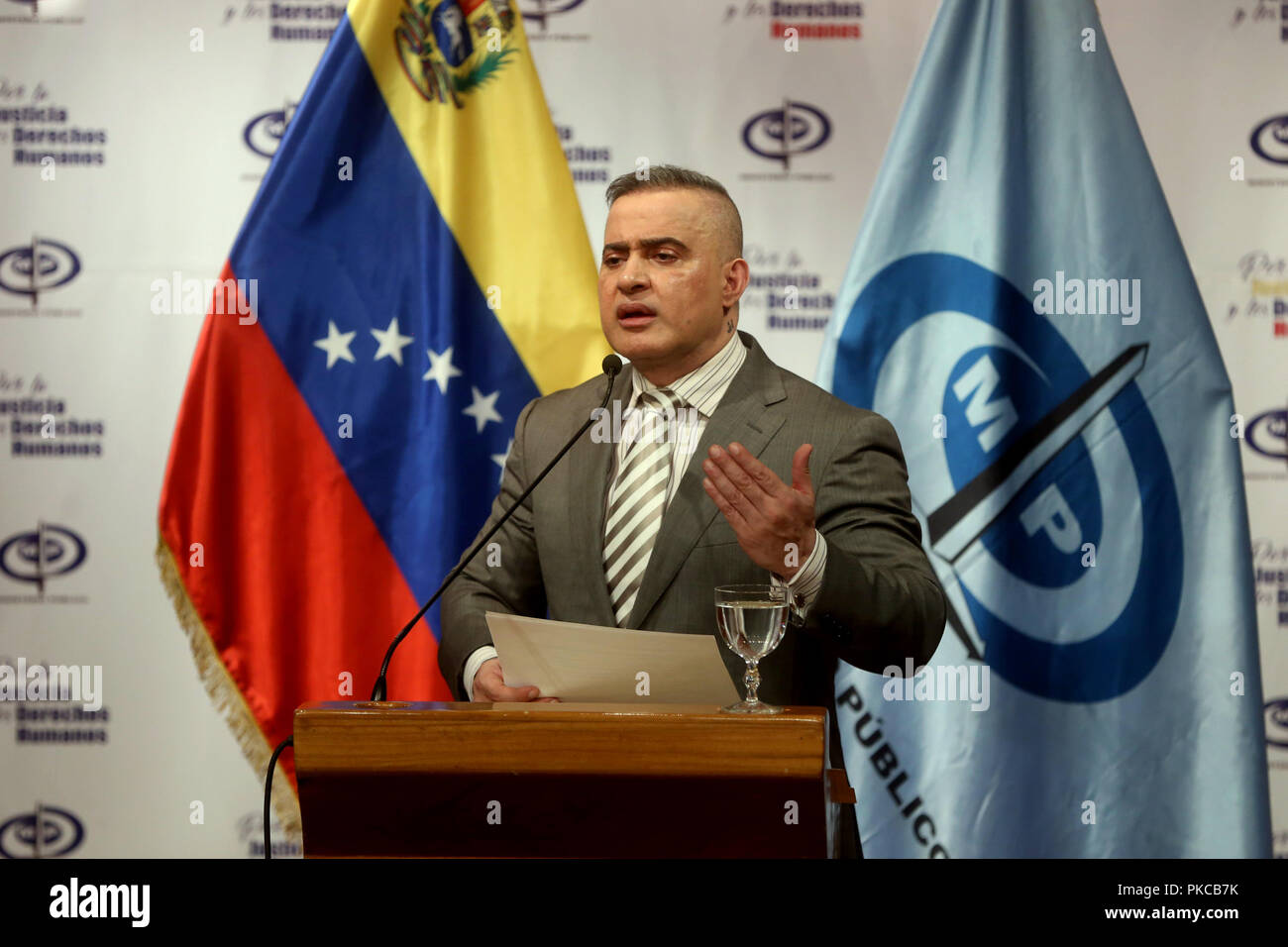 Caracas, Venezuela. 12th Sep, 2018. Venezuela's attorney general Tarek William Saab speaks during a press conference on the progress of the fight against human trafficking at the Public Ministry headquarters, in Caracas, Venezuela, on Sept. 12, 2018. Venezuela has smashed a human trafficking ring that forced women into prostitution, the country's attorney general Tarek William Saab said on Wednesday. Credit: Juan Carlos La Cruz/AVN/Xinhua/Alamy Live News Stock Photo