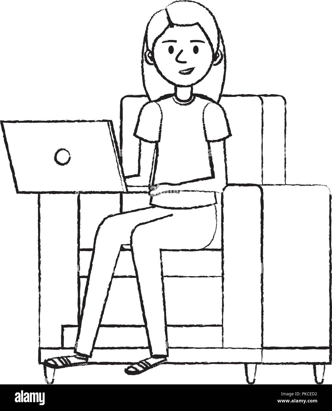 young woman at sofa with laptop Stock Vector Image & Art - Alamy
