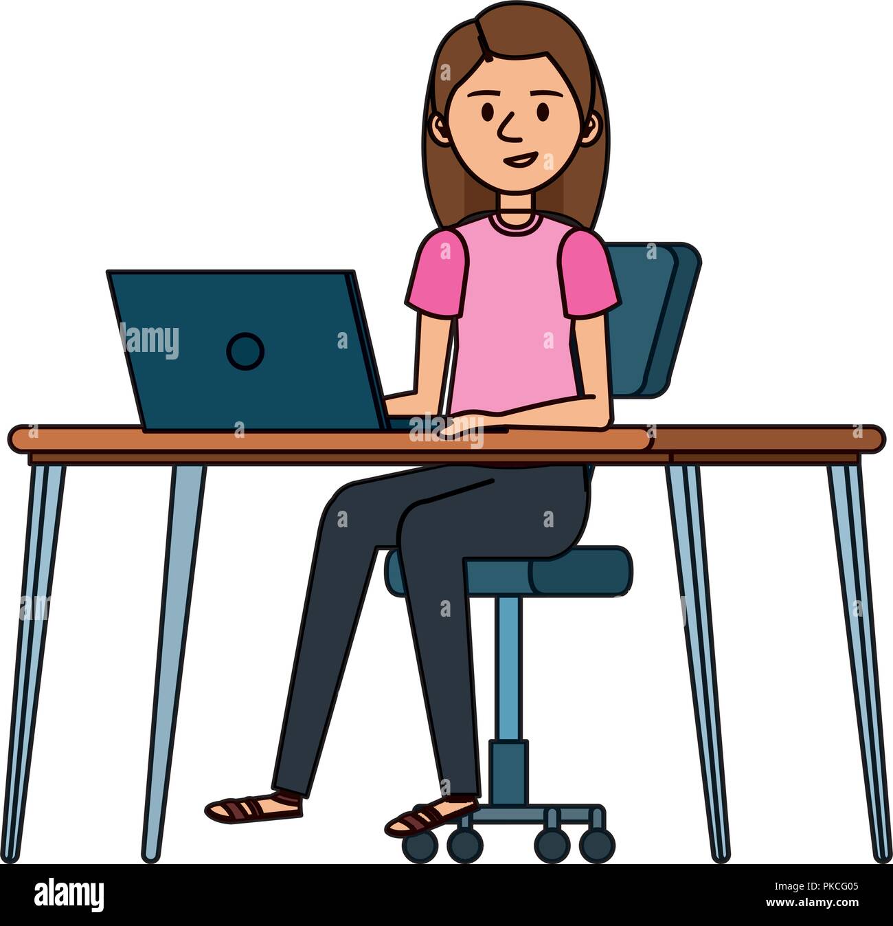 Cartoon Girl Sitting Desk Working Stock Photos Cartoon Girl