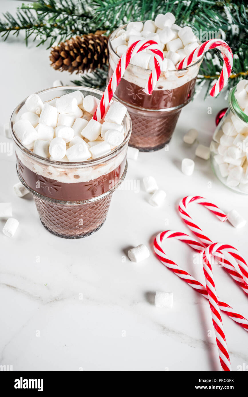 Peppermint hot chocolate with marshmallow and candy cane sweets in