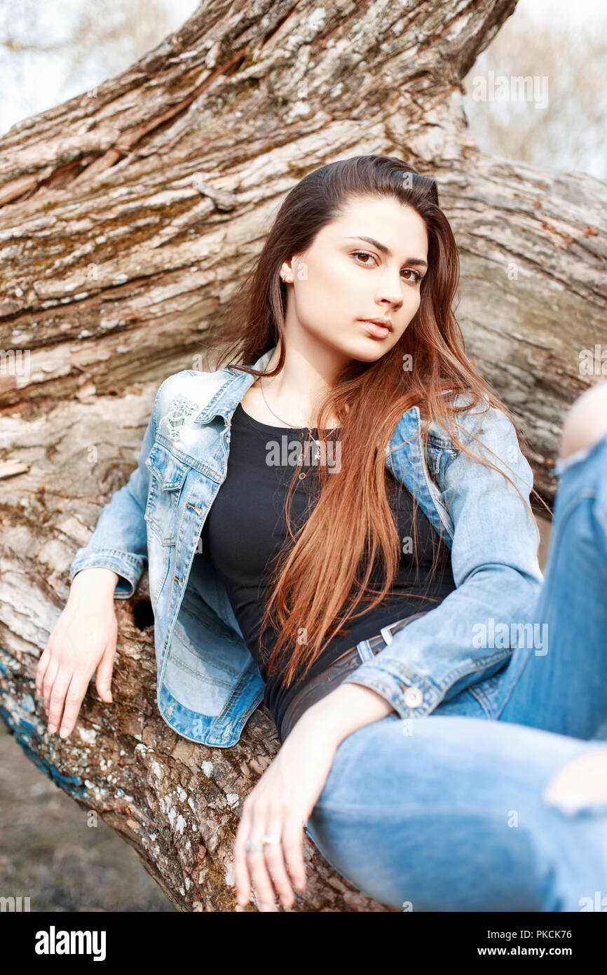 Young girl in denim dress hi res stock photography and images Alamy