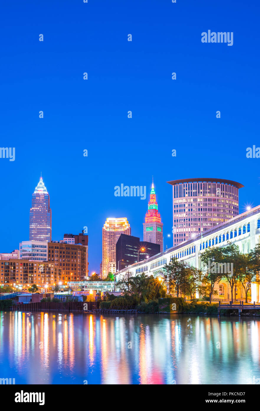 cleveland skyline with reflection at night,cleveland,ohio,usa Stock