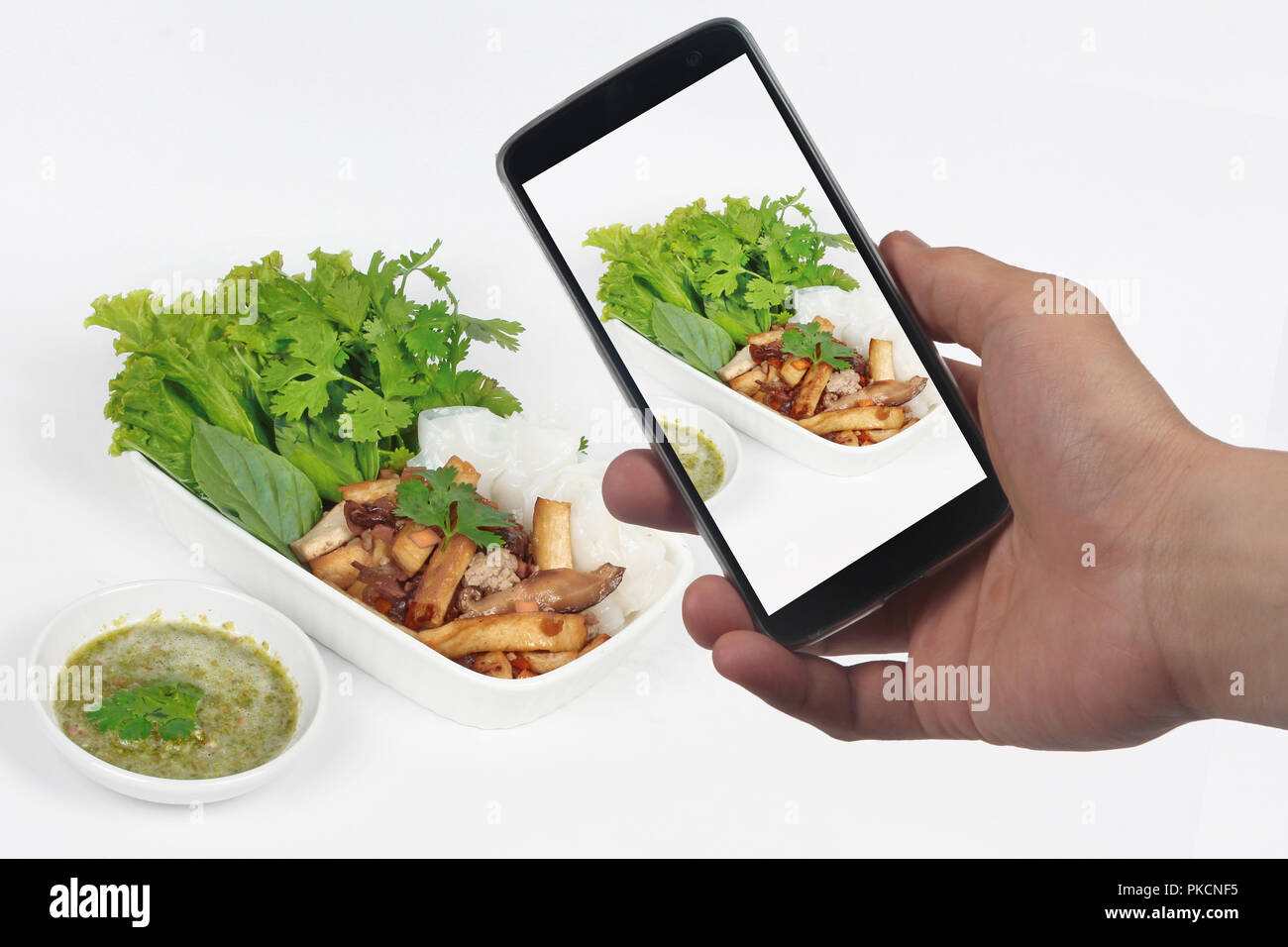 Friend using smart-phone to take photo roll noddle s with fried tofu and mixed vegetables for share to social network. Selective focus Stock Photo
