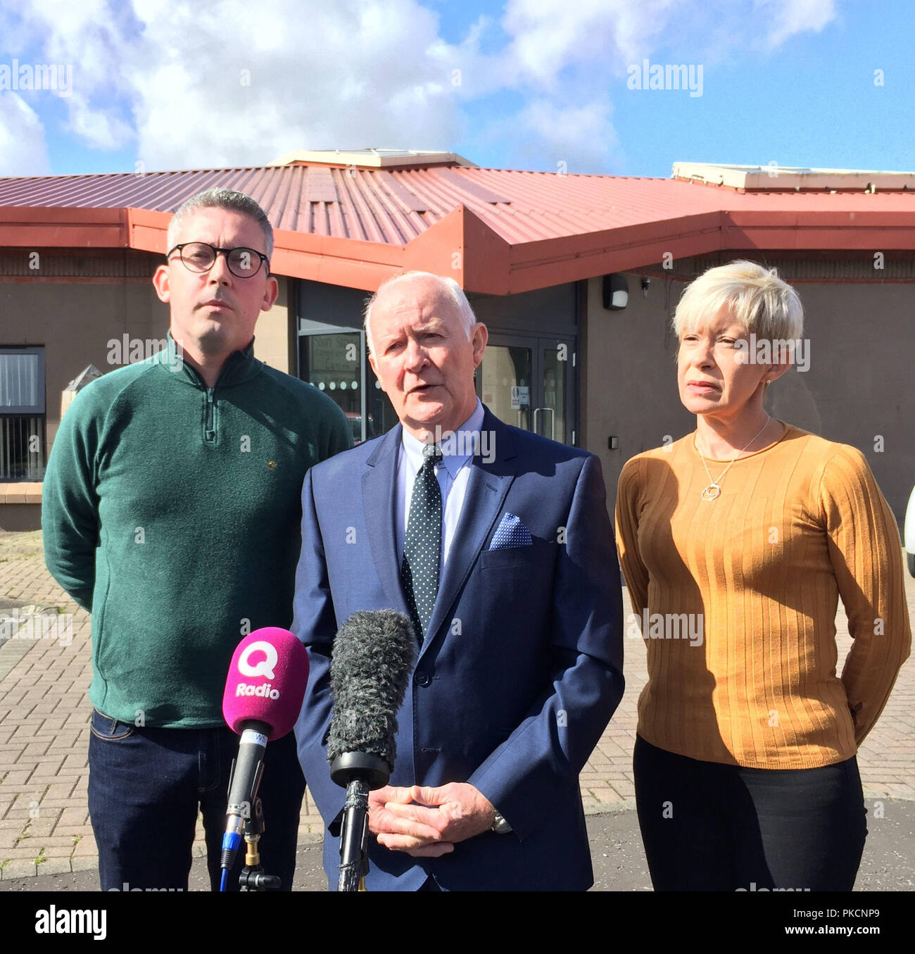 Liam Shannon, one of so-called Hooded Men, with Sinn Fein senator Niall O Donnghaile (left) and Sinn Fein councillor Mairead O&Otilde;Donnell, reacts to European court decision outside the Short Strand Community Centre in east Belfast. Shannon said the European Court of Human Rights (ECHR) had made an &quot;awful mistake&quot; by rejecting an Irish government appeal against a ruling that found the UK did not torture him and 13 other men interned without trial in the early 1970s. Stock Photo