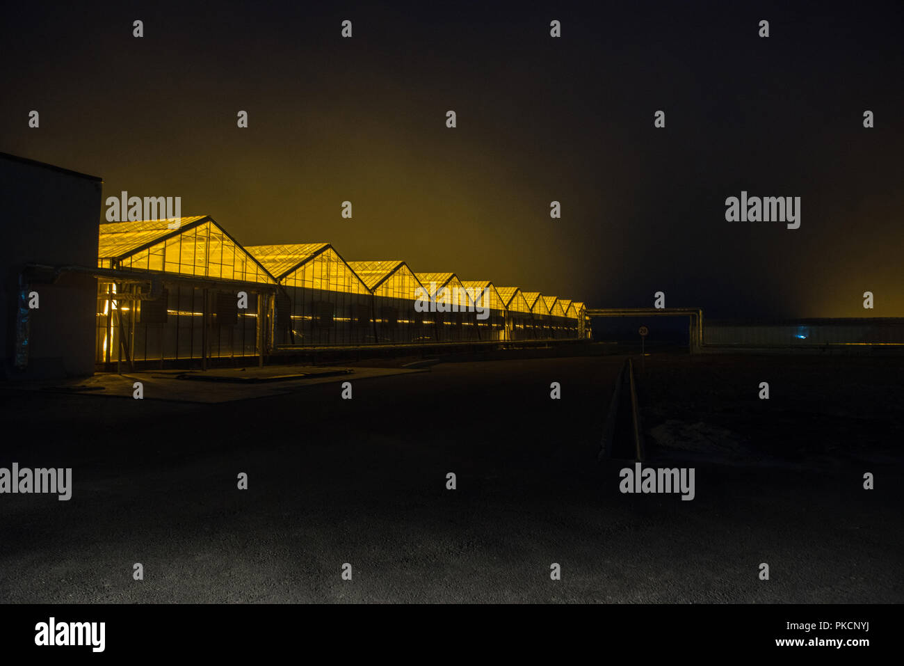 Facade and landscape of the greenhouse at night. The glowing roof of