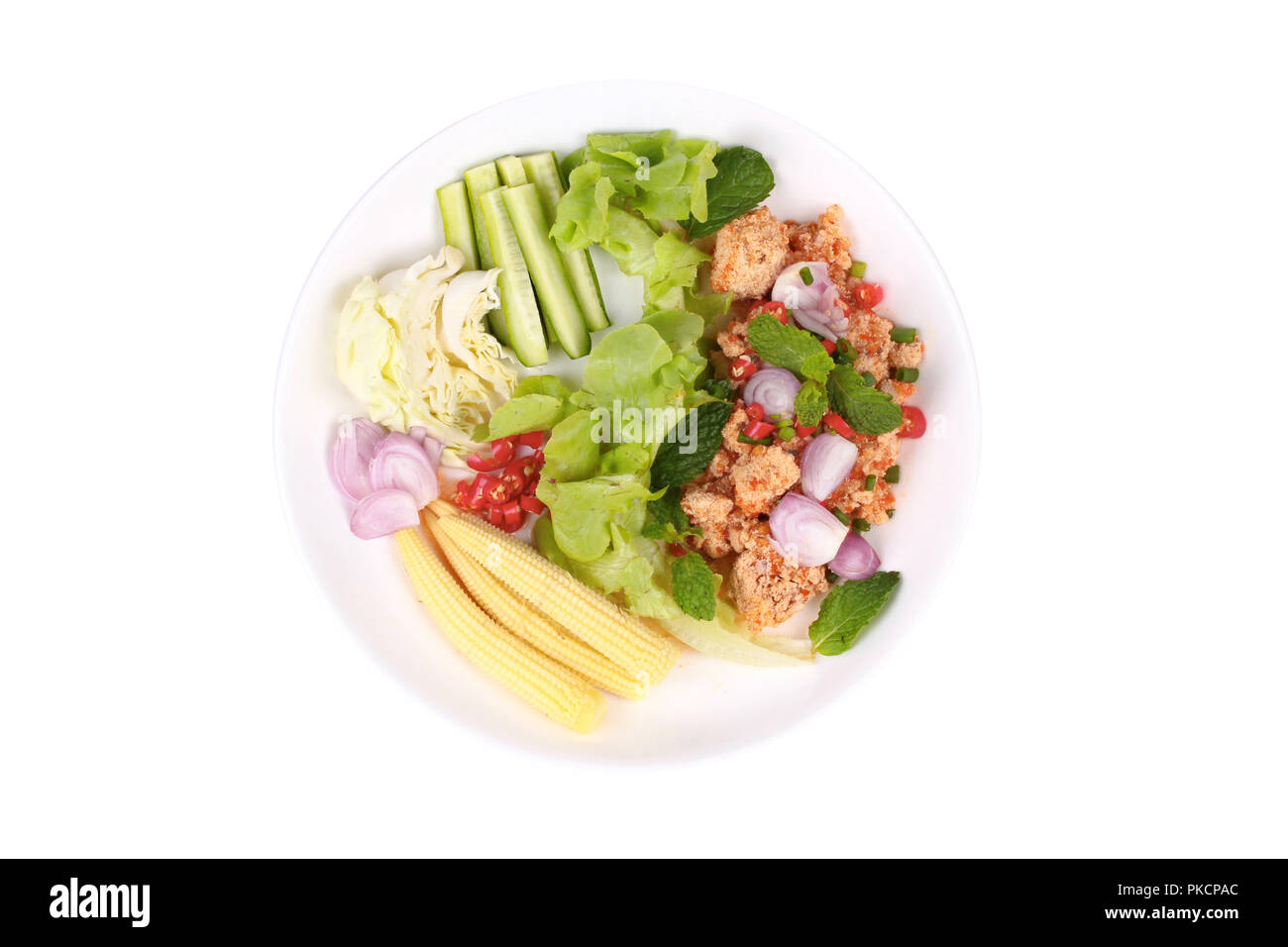 Isolated of Spicy and sour carp eggs of silver barb fish salad with minced red chili,green aok ,shallots,cucumber,corn and lettuce ,call Lab Khai Pla  Stock Photo