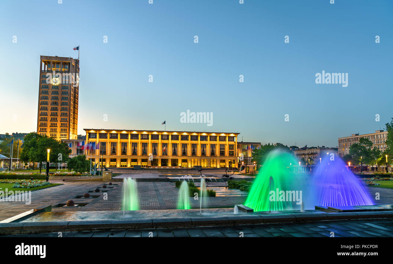 The city hall of Le Havre with a fountain. France Stock Photo