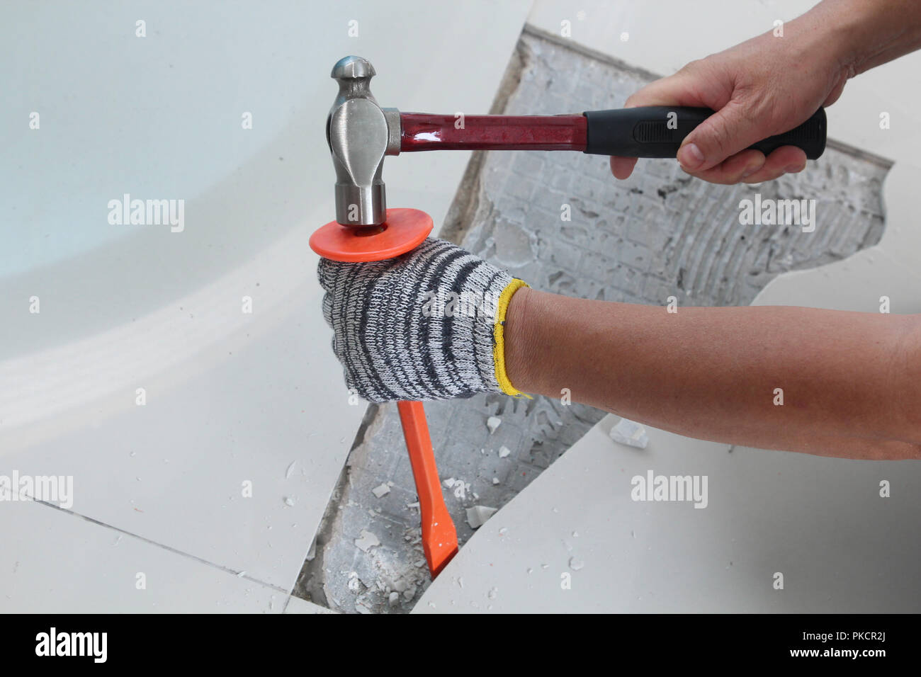 Homemade Replacing floor tiles , ฺBe broken, and a tile adhesive