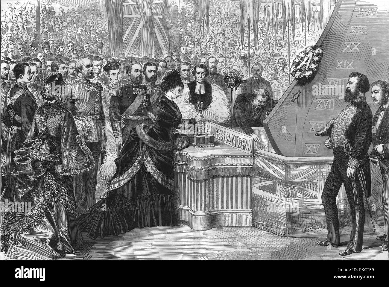 The Princess of Wales launching the new ironclad ship 'Alexandra', 1875. Artist: Unknown. Stock Photo