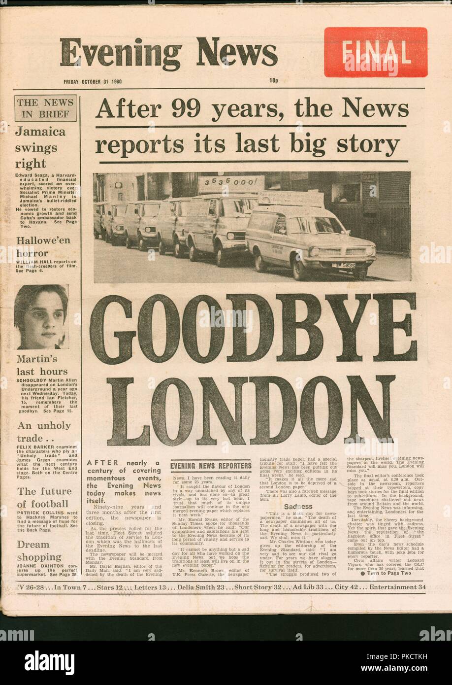 Final edition of the Evening News newspaper, 1980. Artist: Unknown. Stock Photo