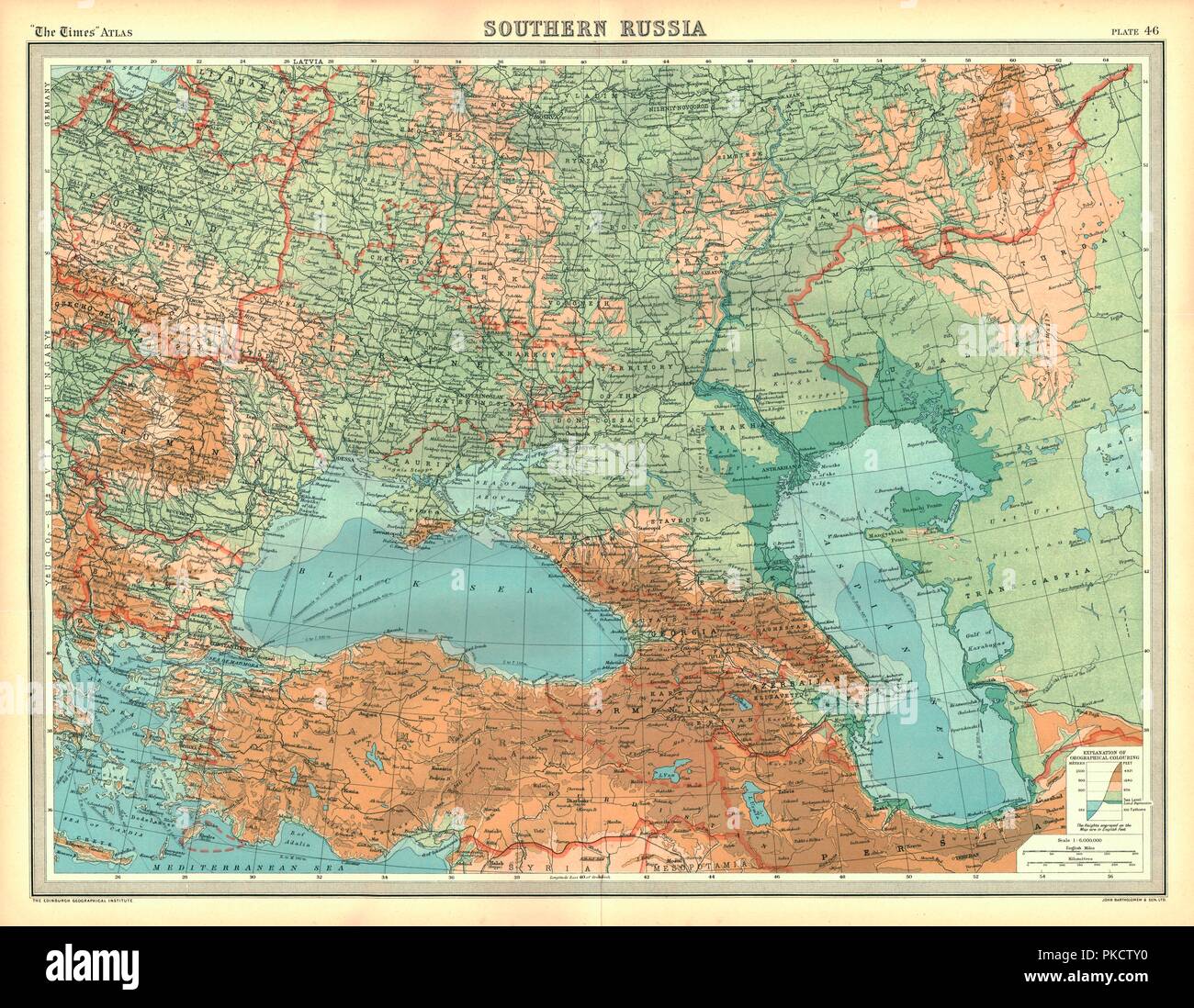 Map of Southern Russia. Map showing the Black Sea, the Caspian Sea ...