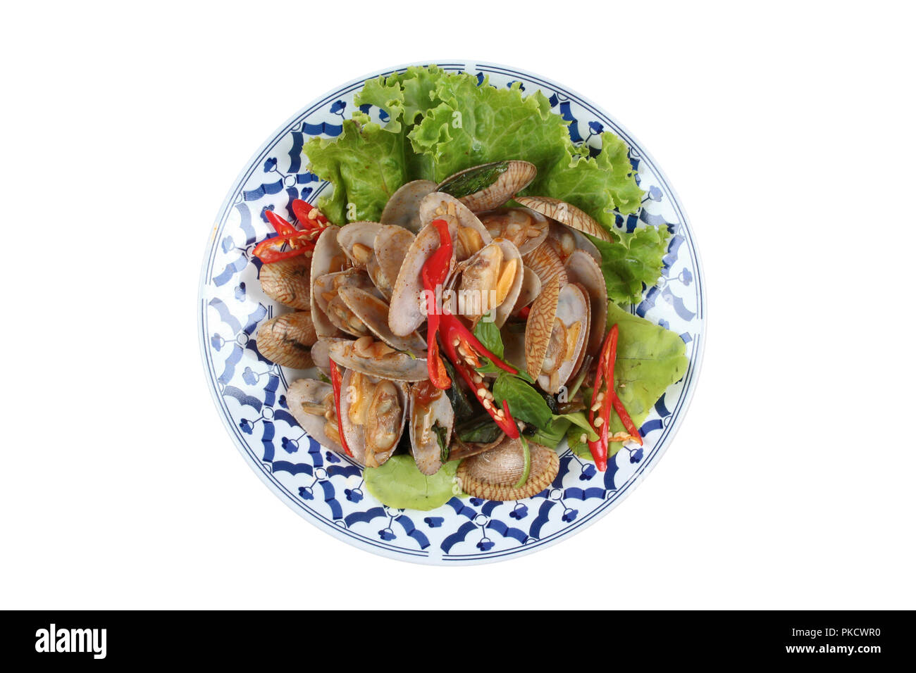 Isolated  of Stir fried clams with roasted chile paste call Hoi Lai Pad Prik Phao. Stock Photo