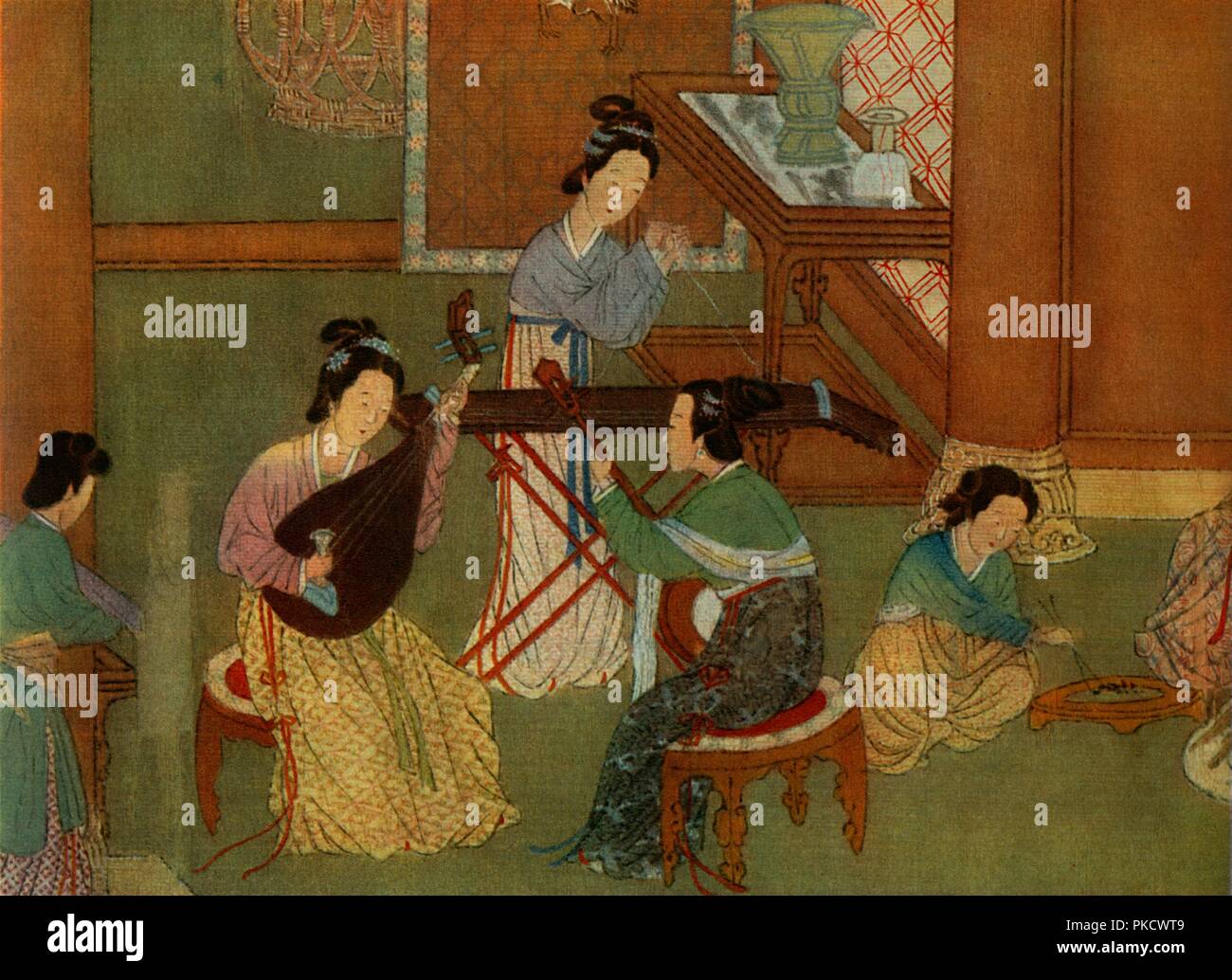 'Chinese lute p'i-p'a, moon guitar yue-chin and table zither tchin; detail of a painting on silk of  Artist: Unknown. Stock Photo