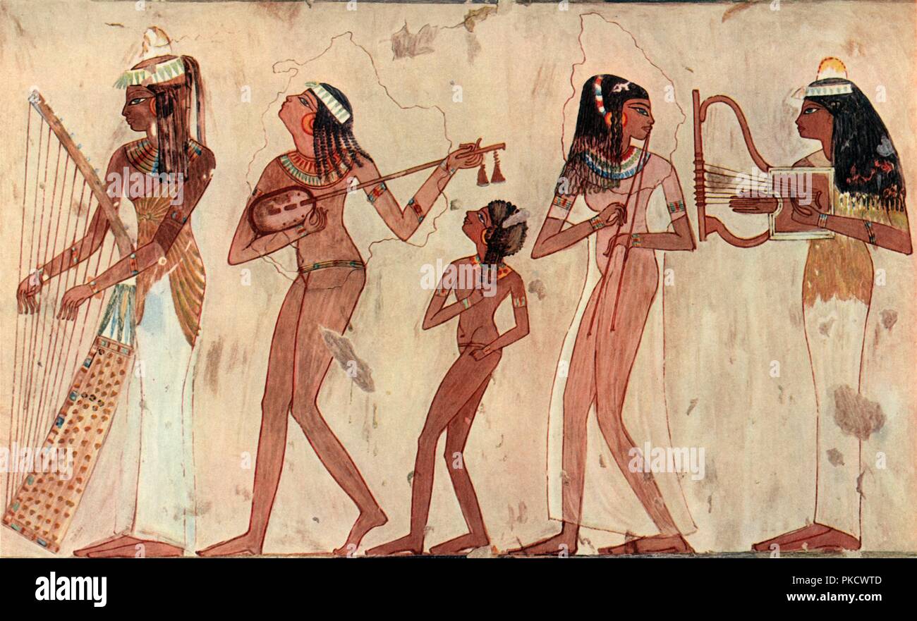 'Egyptian arched harp, lute, double oboe and lyre; tomb painting in Veset (Thebes) c.1420-1411 B.C.' Artist: Unknown. Stock Photo