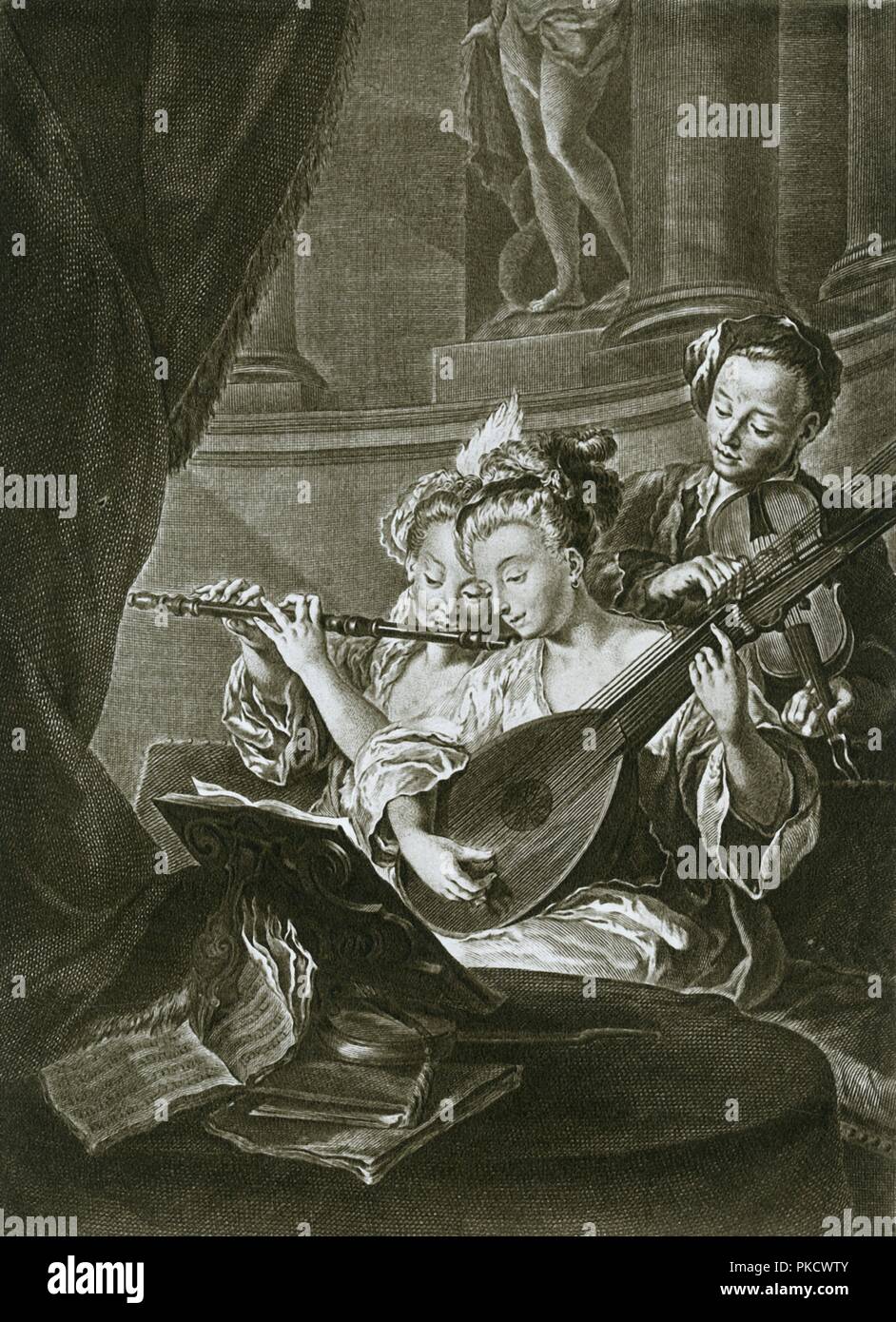 'Flute, violin and chitarrone (George Frederick Handel as a young musician in Hamburg); eighteenth c Artist: Unknown. Stock Photo