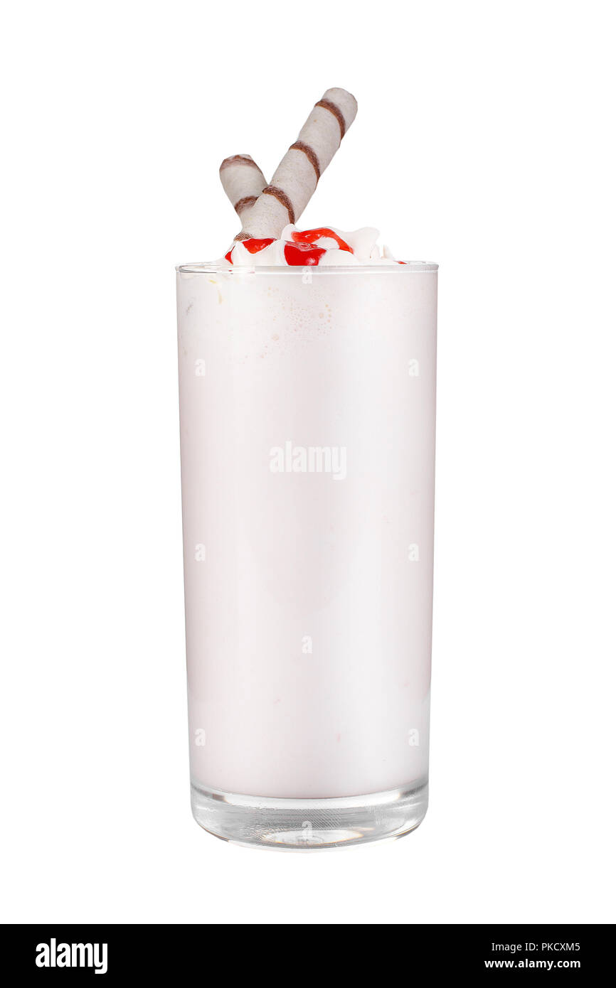 Milk cocktail with topping, syrup, strawberry, berry, cherry, wafer ...