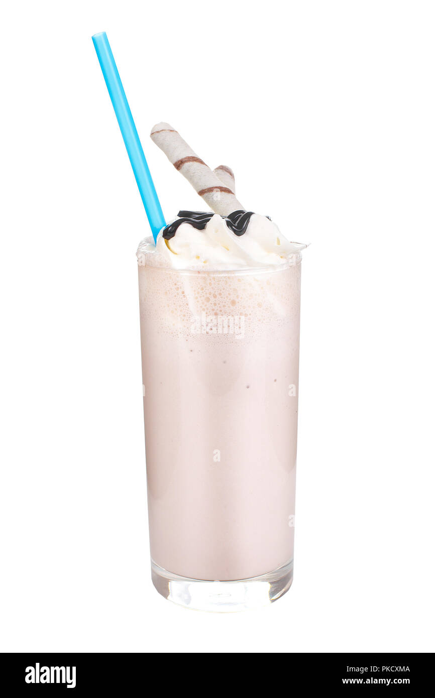 Milk cocktail with topping, chocolate syrup, wafer duct, blue straw ...
