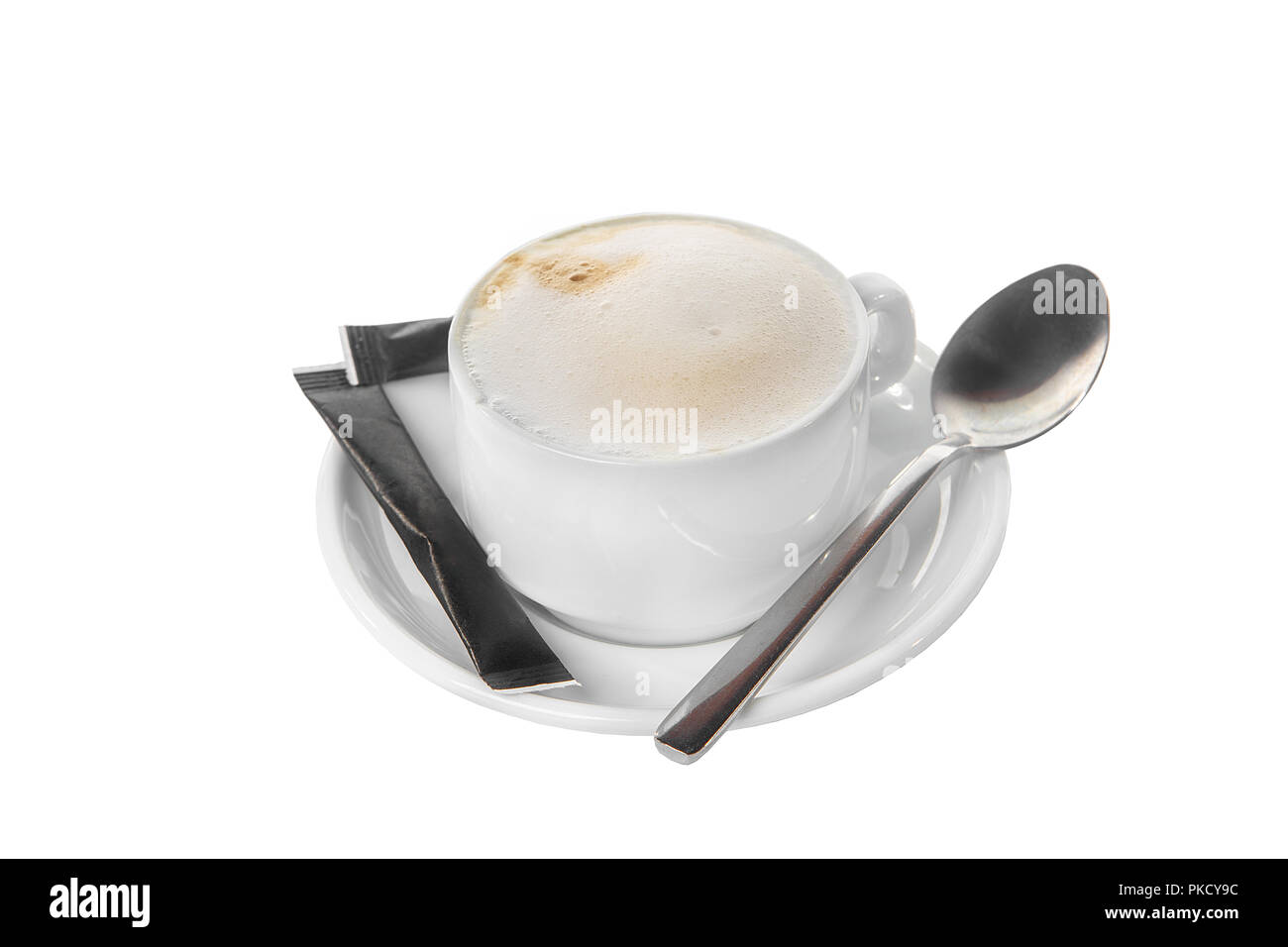 A cup of coffee, cappuccino, full of two black bags, a dose of sugar, a teaspoon. For the technological map. Side view from above Isolated white backg Stock Photo