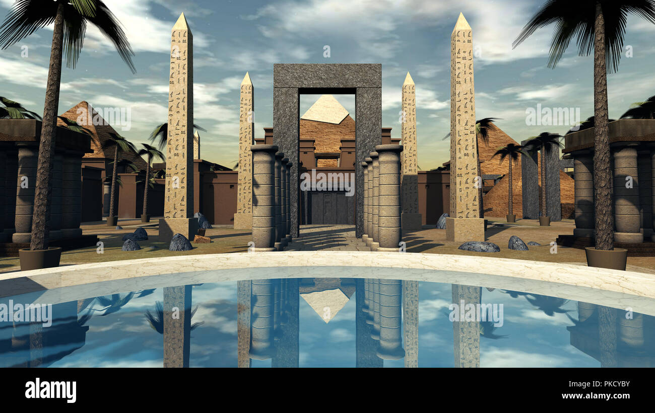 Ancient Egypt an oasis and archtecture in the dessert. 3D rendering Stock Photo