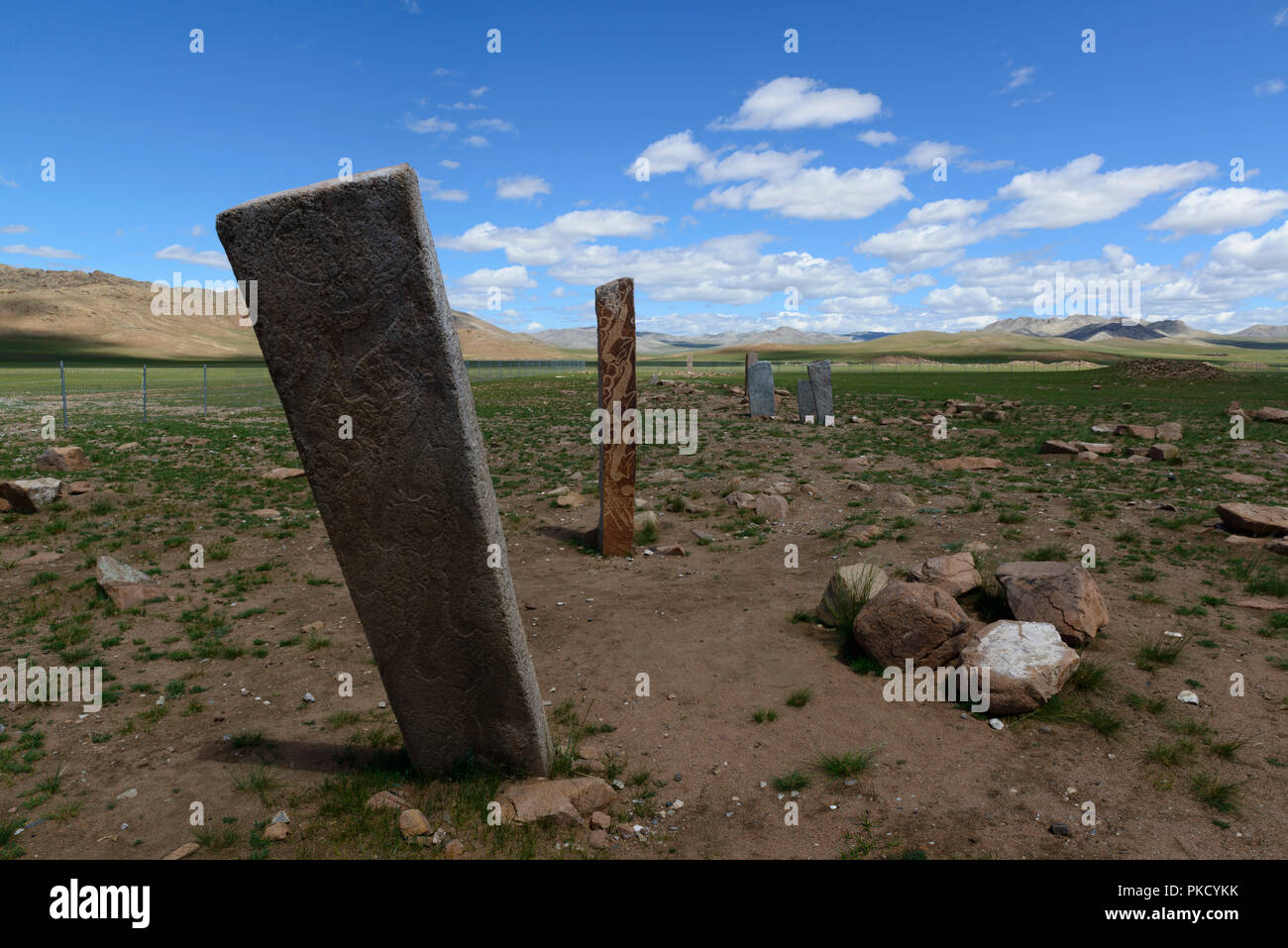 Uushigiin Uver Deer Stones, Mörön, Mongolia - a Bronze Age site with 14 upright carved deer stones. Stock Photo