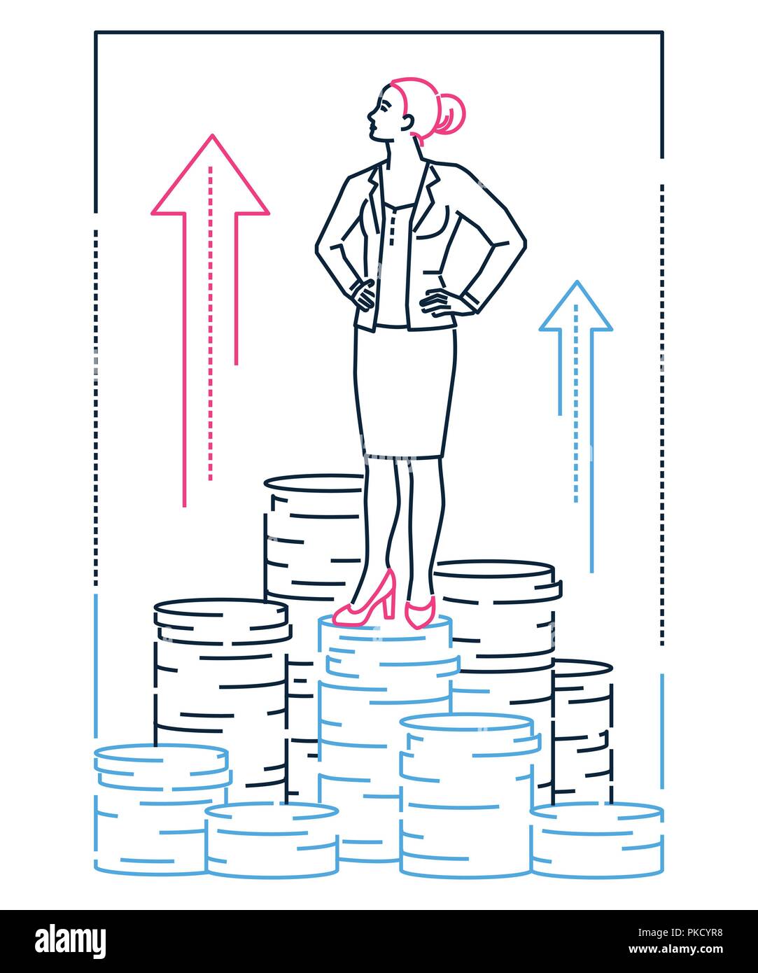 Businesswoman standing on coins - line design style illustration Stock ...