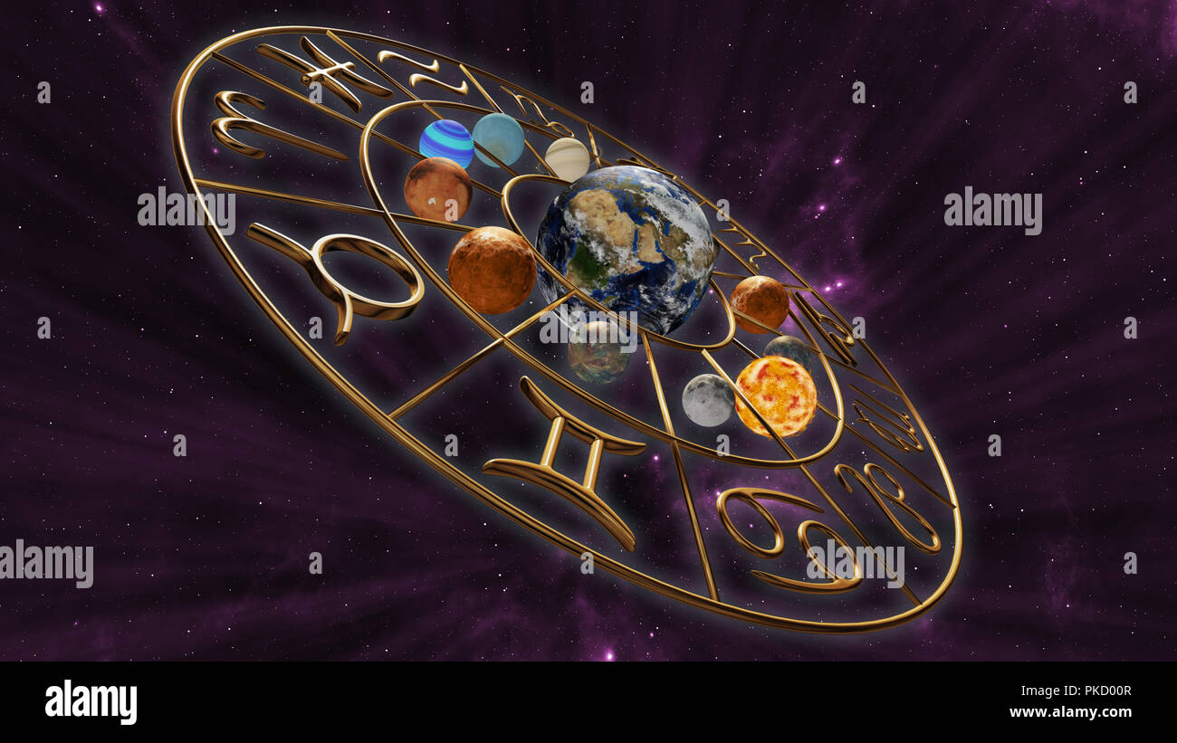 Mystic astrology zodiac horoscope symbol with twelve planets in cosmic scene. 3D rendering Stock Photo