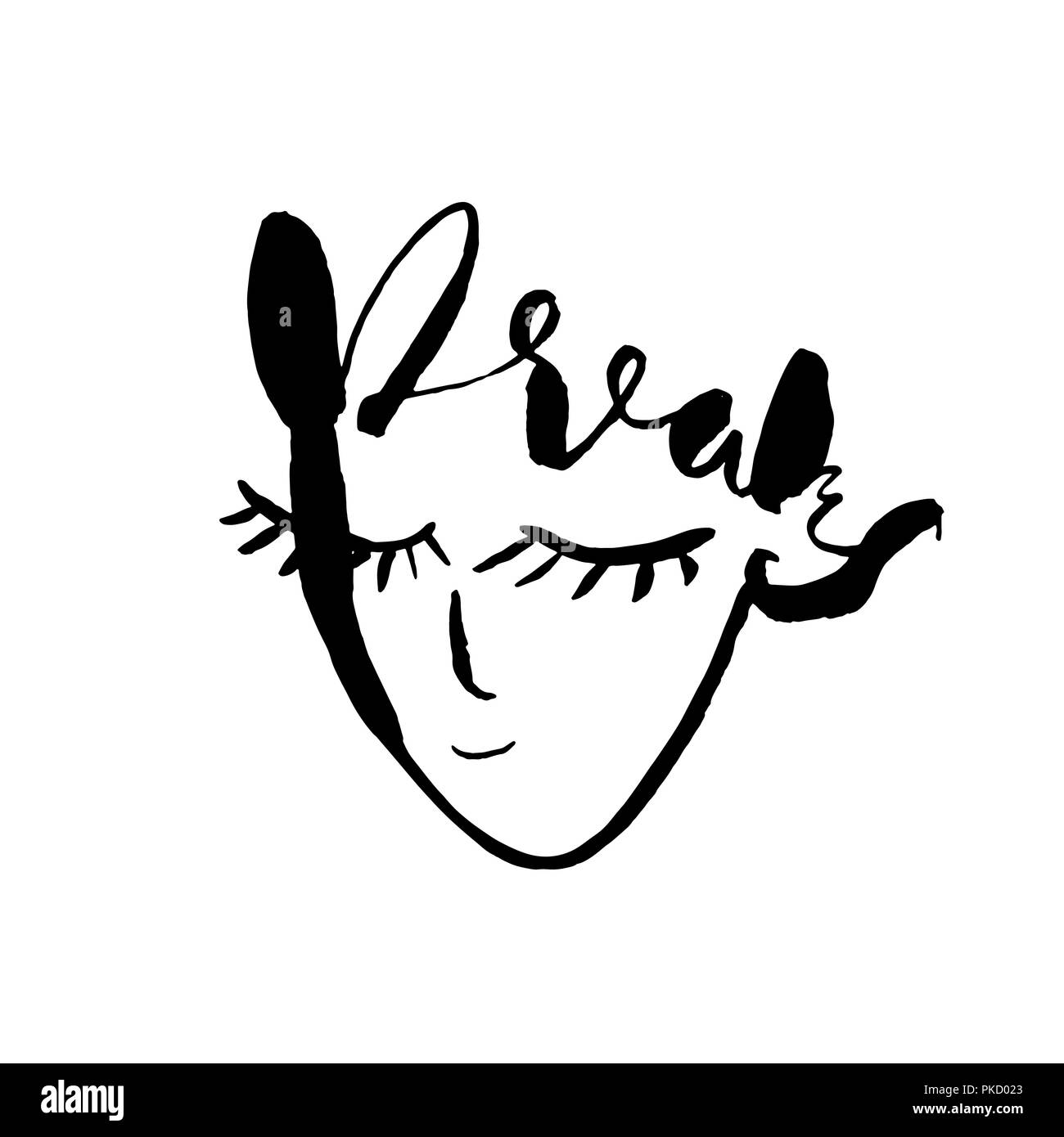 Dreams. Lettering poster with face. Close eyes. Hand drawn art work. Vector illustration. Stock Vector
