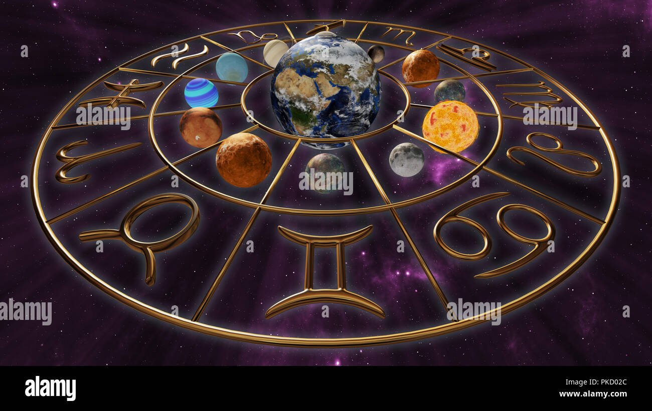 Mystic golden zodiac horoscope symbol with twelve planets in cosmic scene. 3D rendering Stock Photo