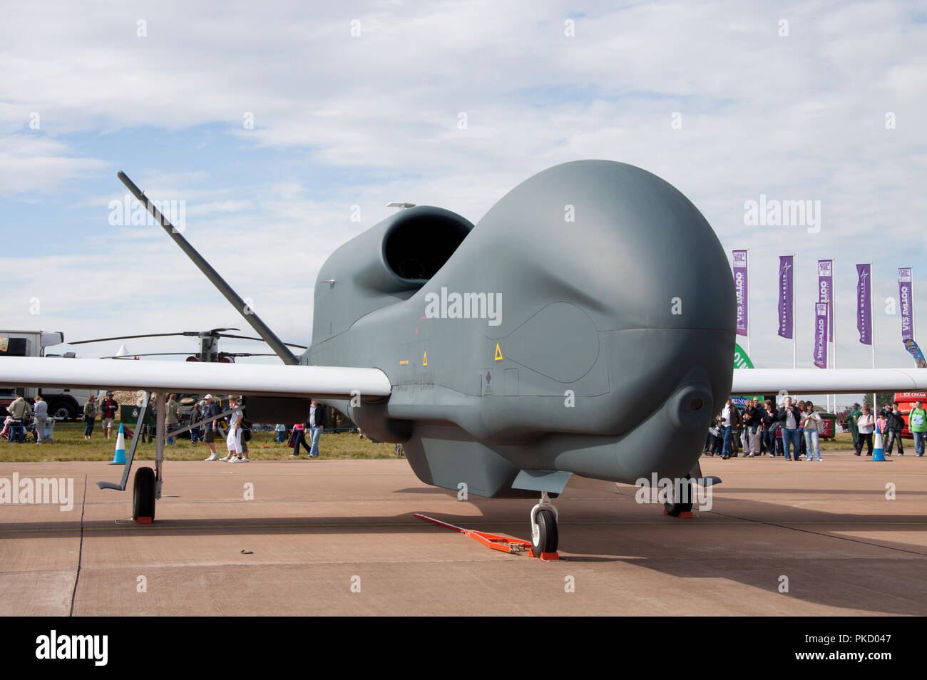 United States Air Force Northrop Grumman RQ-4B Global Hawk serial number 04-2015 which is an unmanned surveillance aircraft on display at an airshow. Stock Photo