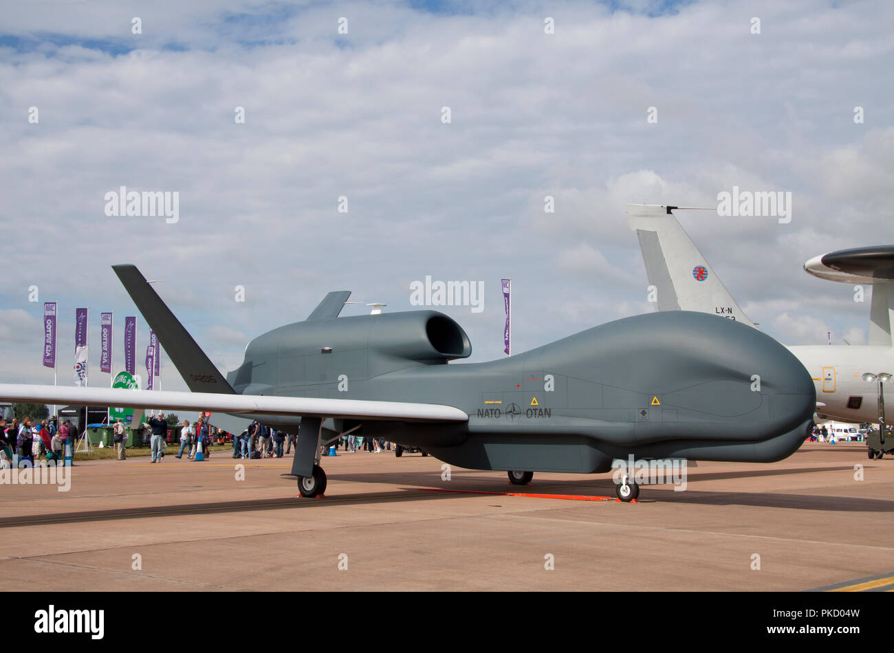 United States Air Force Northrop Grumman RQ-4B Global Hawk serial number 04-2015 which is an unmanned surveillance aircraft on display at an airshow. Stock Photo