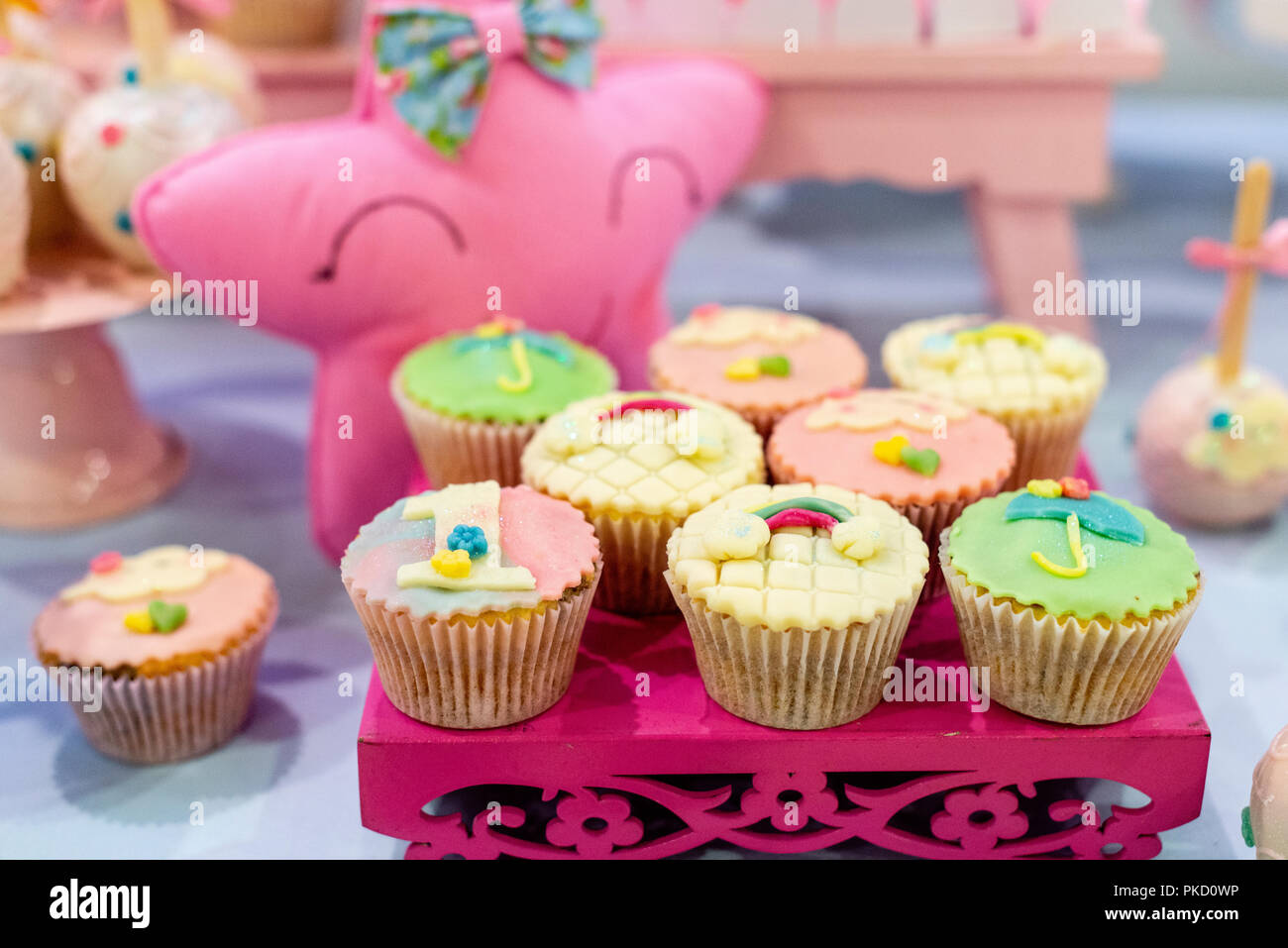 Table decorated for children's birthday. Stock Photo