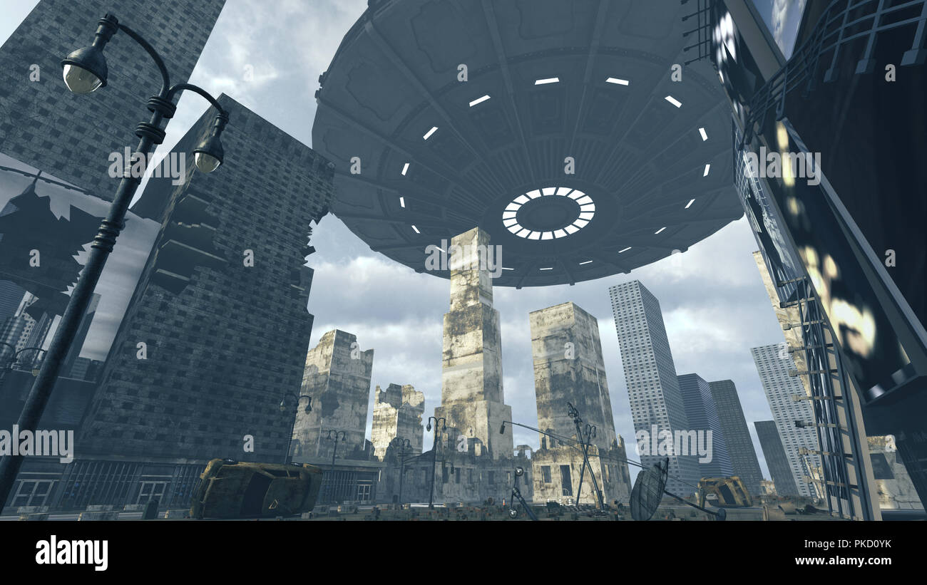 Alien UFO above apocalyptic Time Square New York Manhattan. 3D rendering Stock Photo
