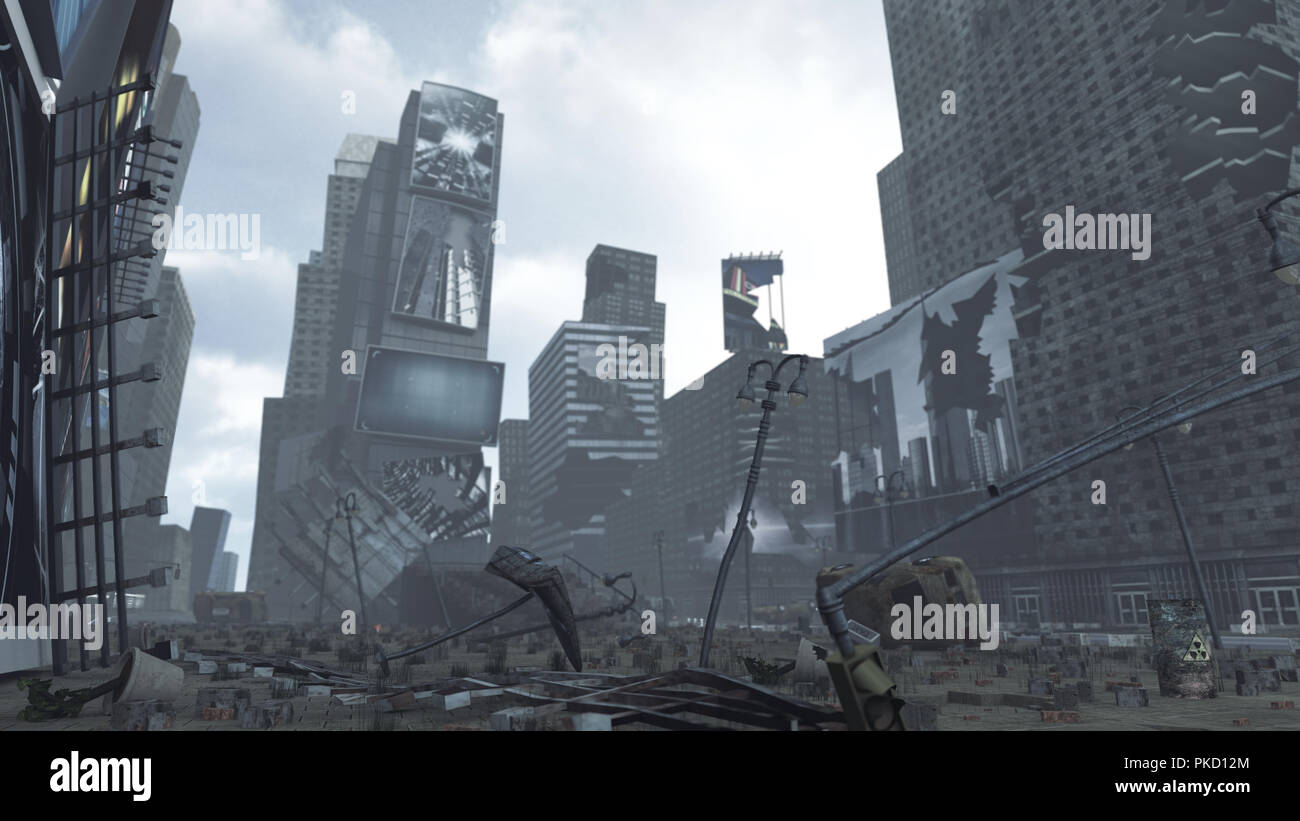 Apocalyptic ruined Time Square New York Manhattan. 3D rendering Stock Photo