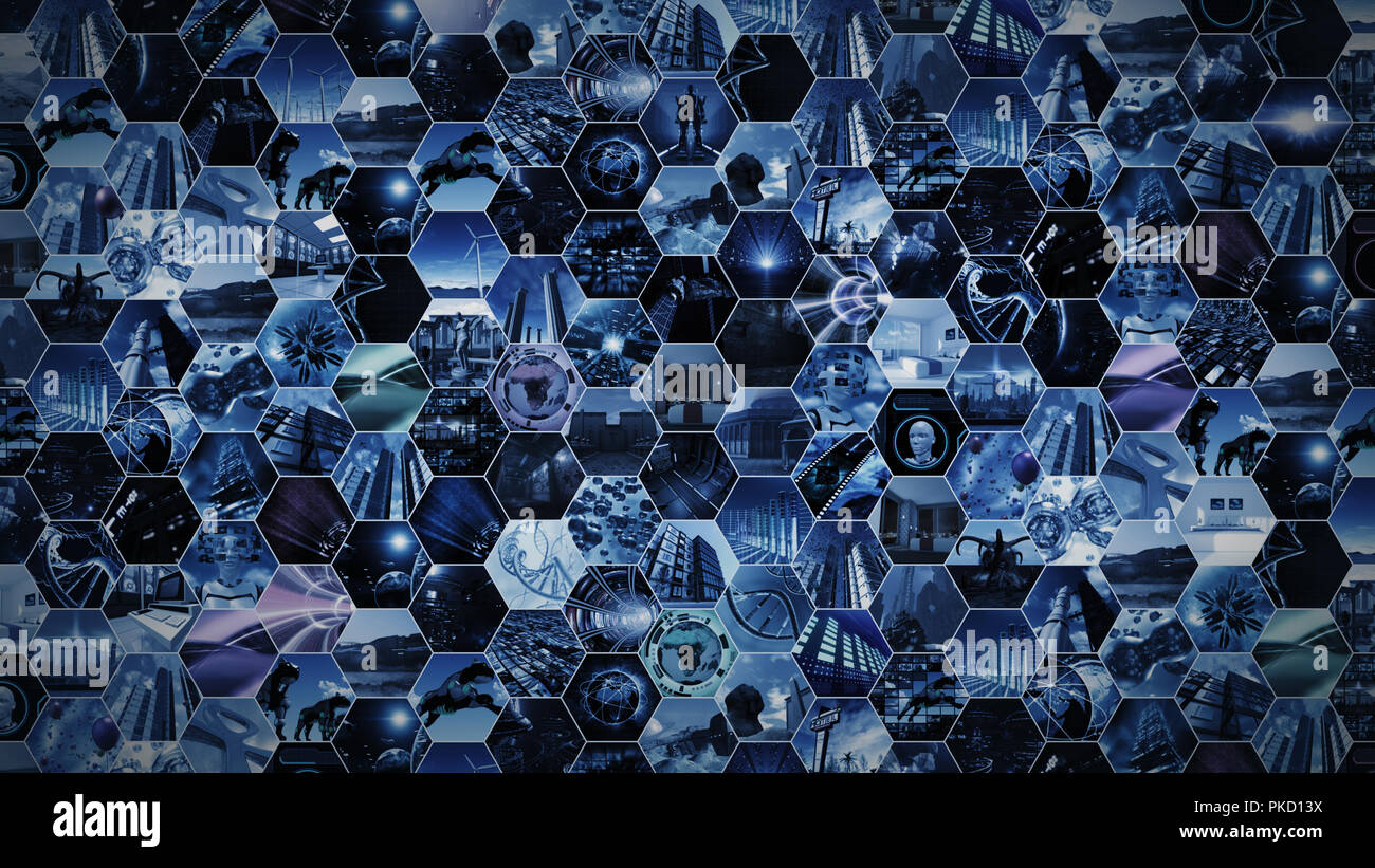 3d rendering. Video wall futuristic in honeycomb pattern Stock Photo