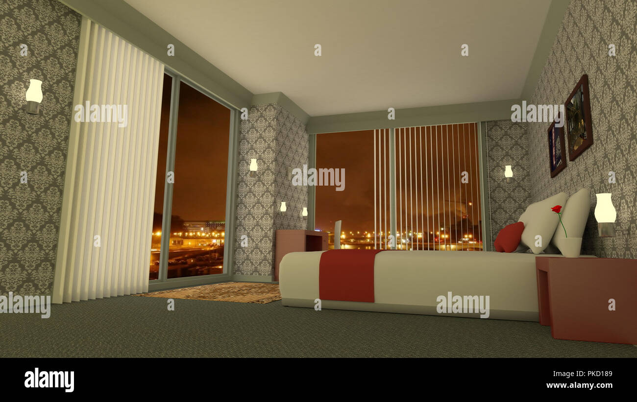 Classic hotel room by night 3D rendering Stock Photo