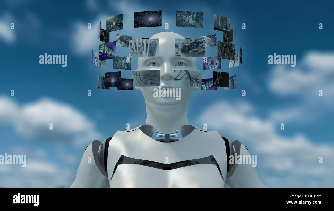 3D rendering of an artificial robot with futuristic screens Stock Photo
