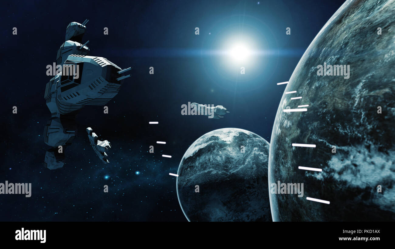 3D rendering of spaceship in battle a cosmic scene Stock Photo