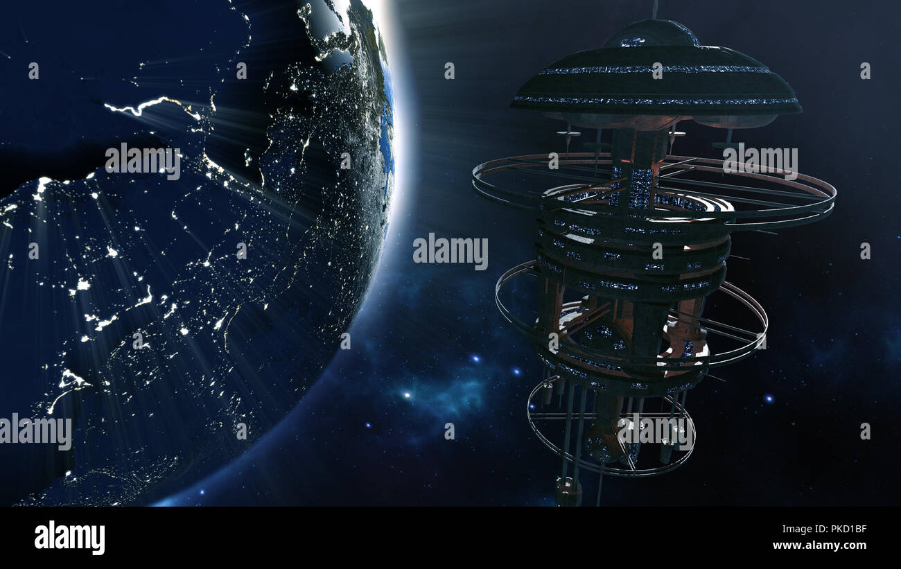3d rendering. Powerful spacestation with city lighted earth globe Stock Photo
