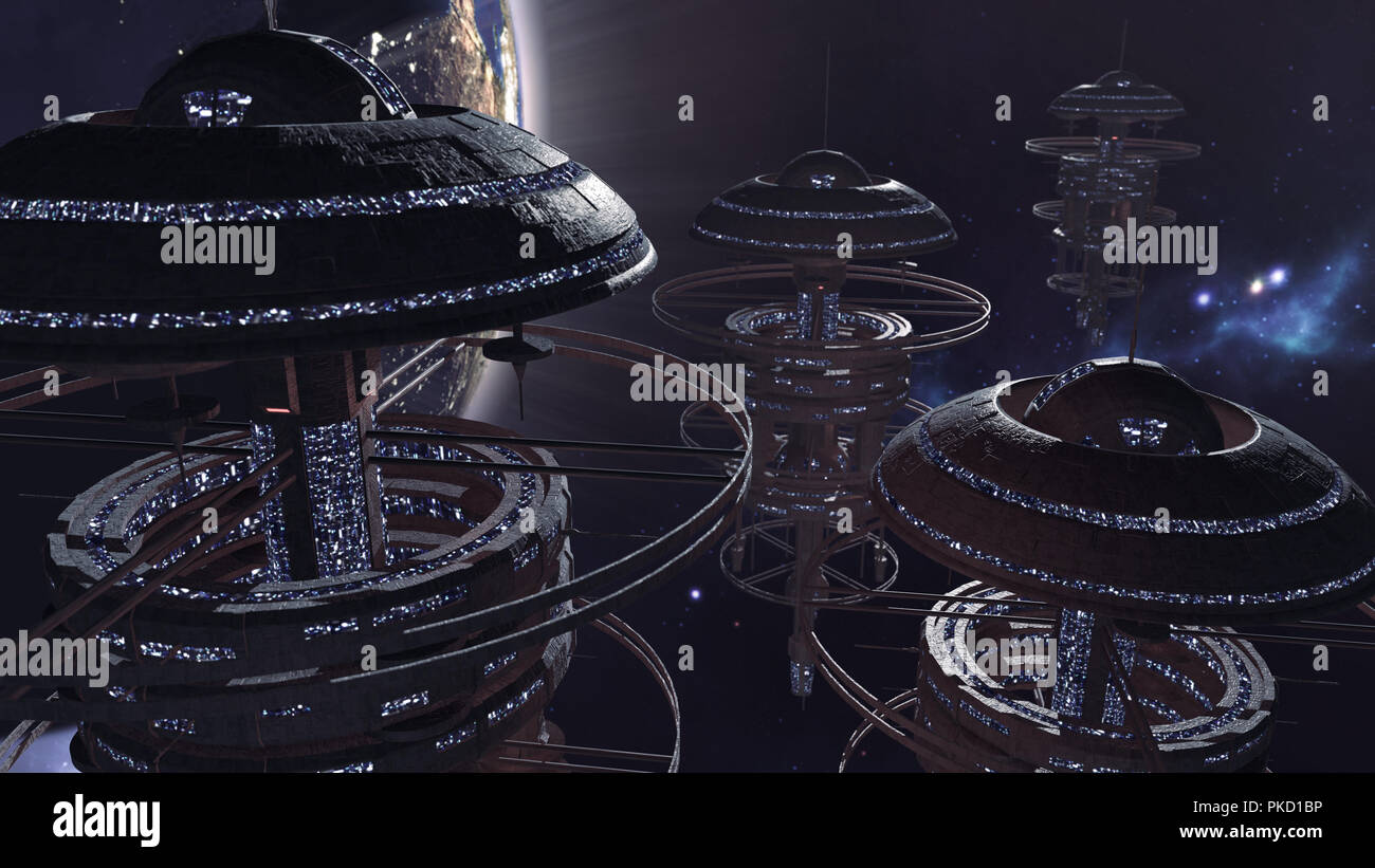 3d rendering. Powerful set of spacestations in futuristic scene Stock Photo