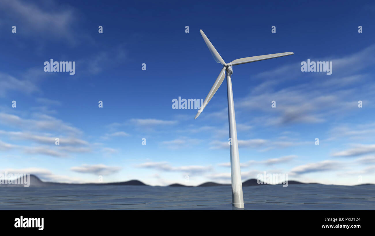 3D rendering Wind turbine on sea Stock Photo