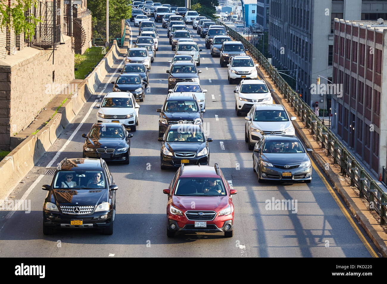 New York, USA - July 01, 2018: Traffic jam on the Brooklyn Queens Expressway (Interstate 278). Stock Photo