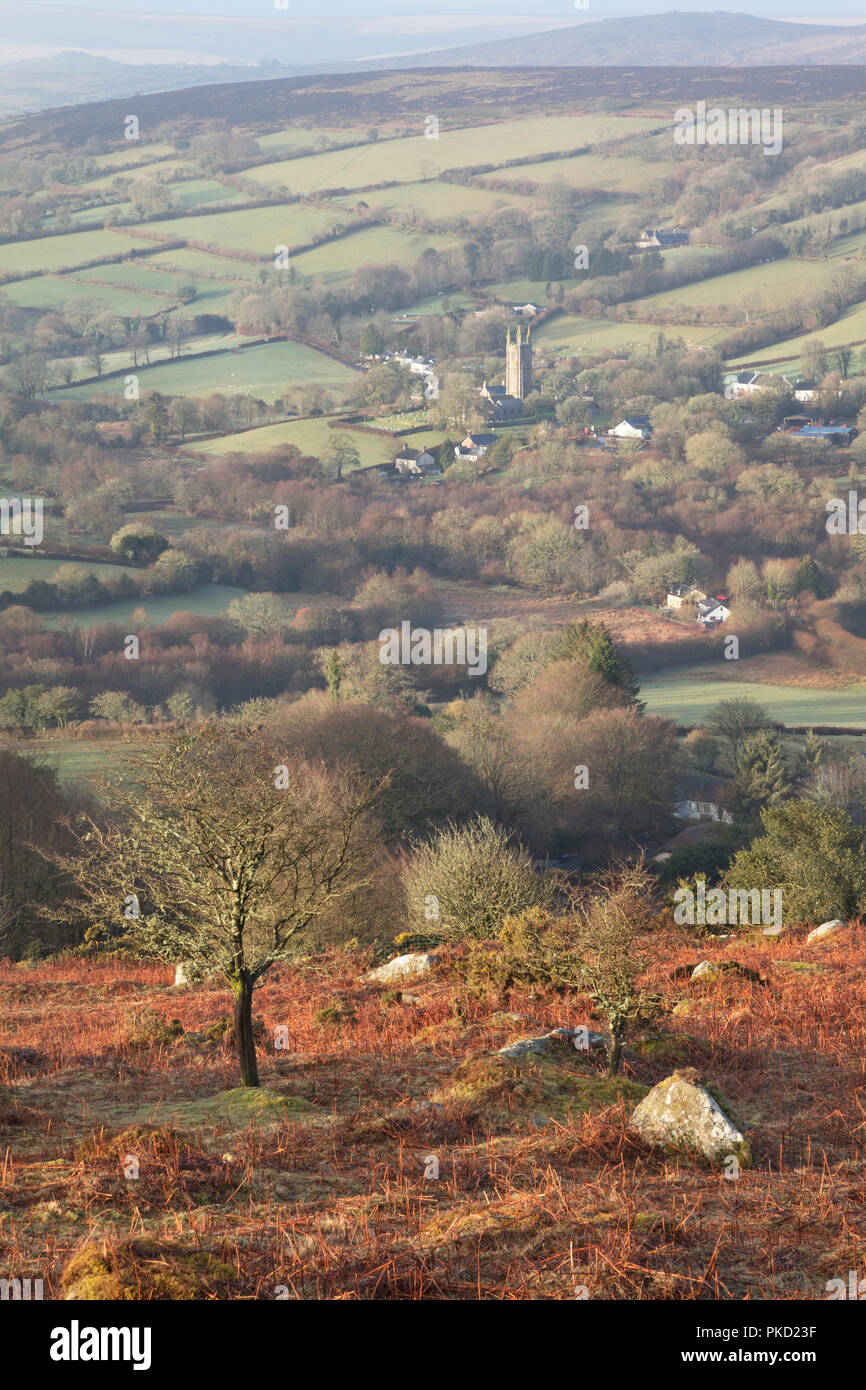 View from Bell Tor towards Widecombe village on Dartmoor in Devon Stock Photo